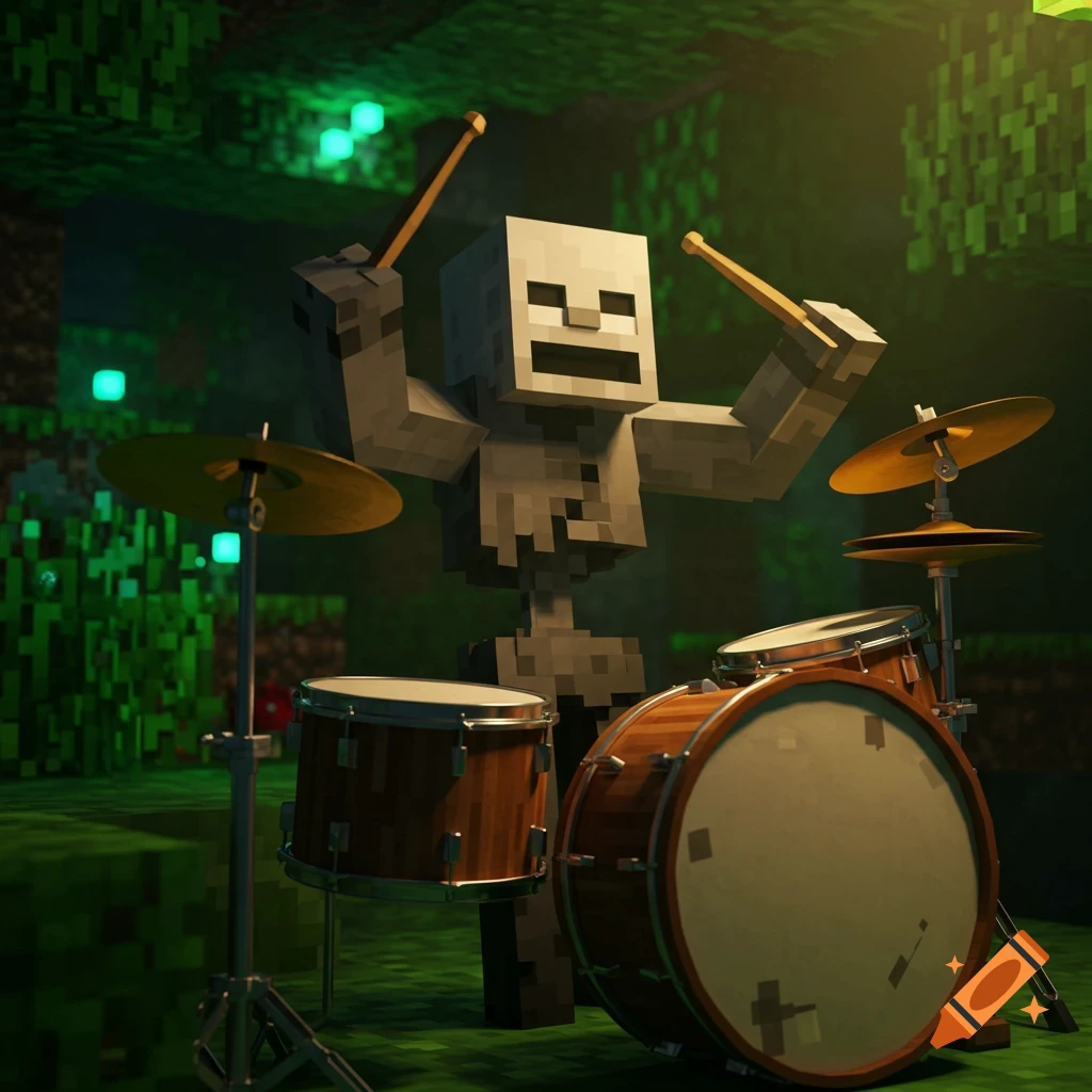 A Minecraft skeleton plays a drum set in a dark, blocky cave.