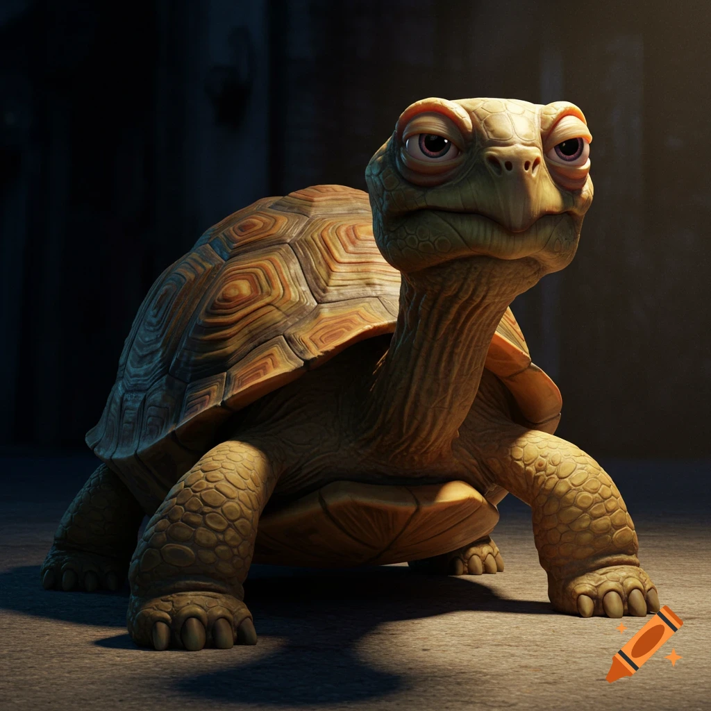 A suspicious-looking turtle standing on the ground.