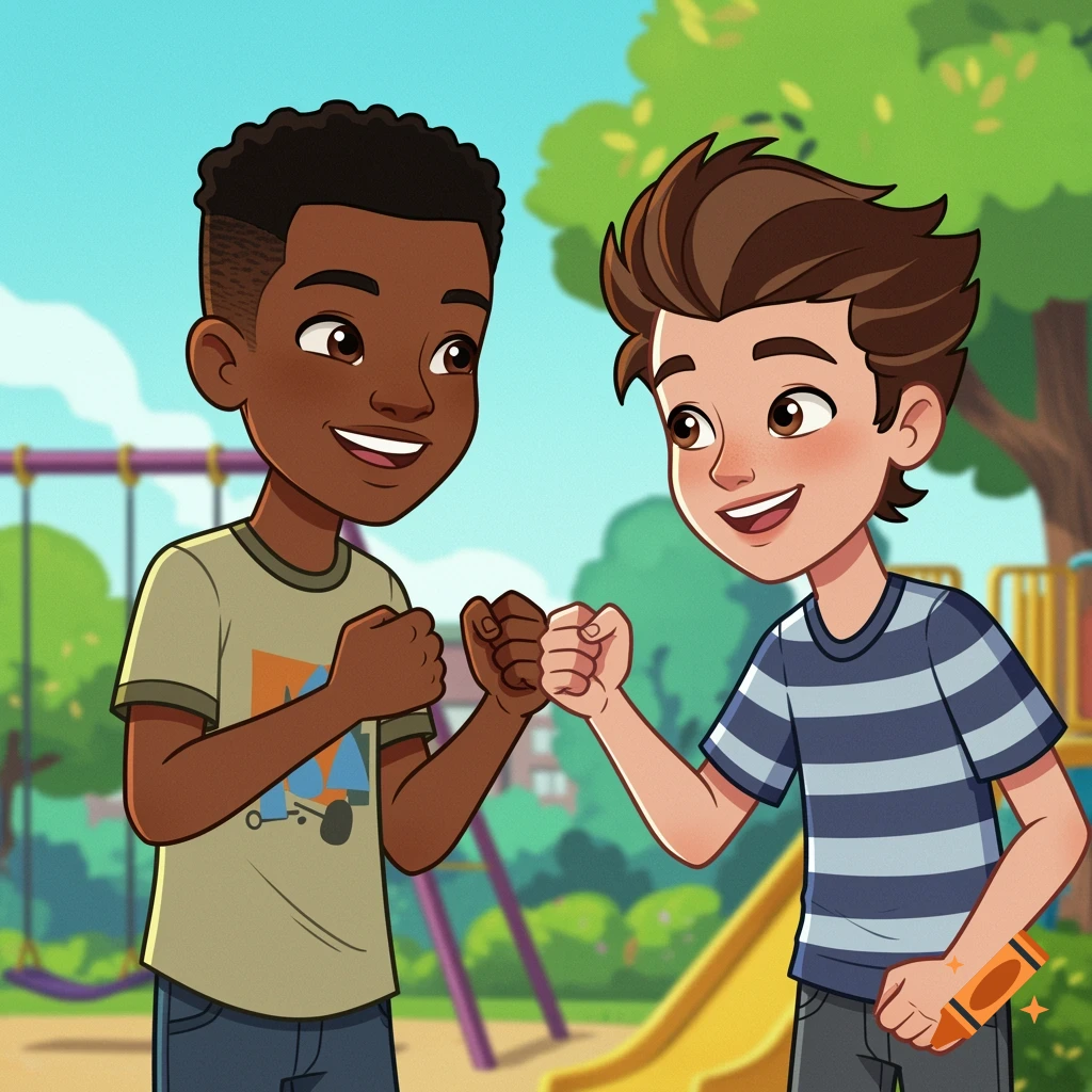 Cartoon of two boys fist-bumping in a sunny playground.