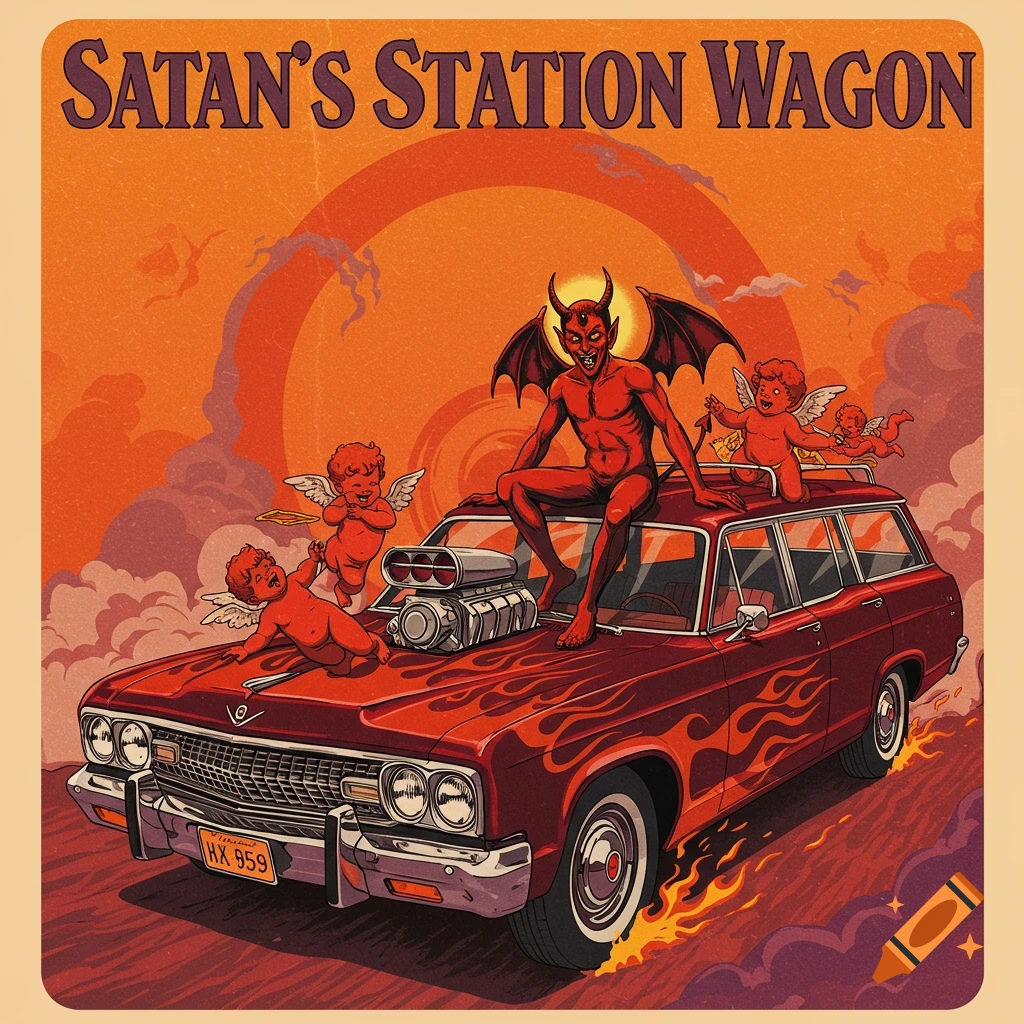 Satan sits on a red retro station wagon with cherubs, flames, and text "Satan's Station Wagon".