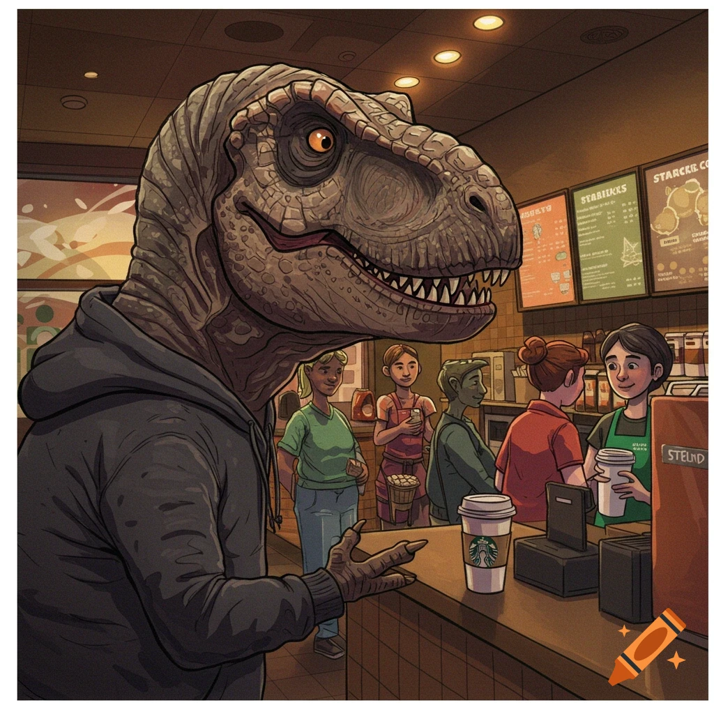 A dinosaur wearing a hoodie is sitting at a coffee shop counter.