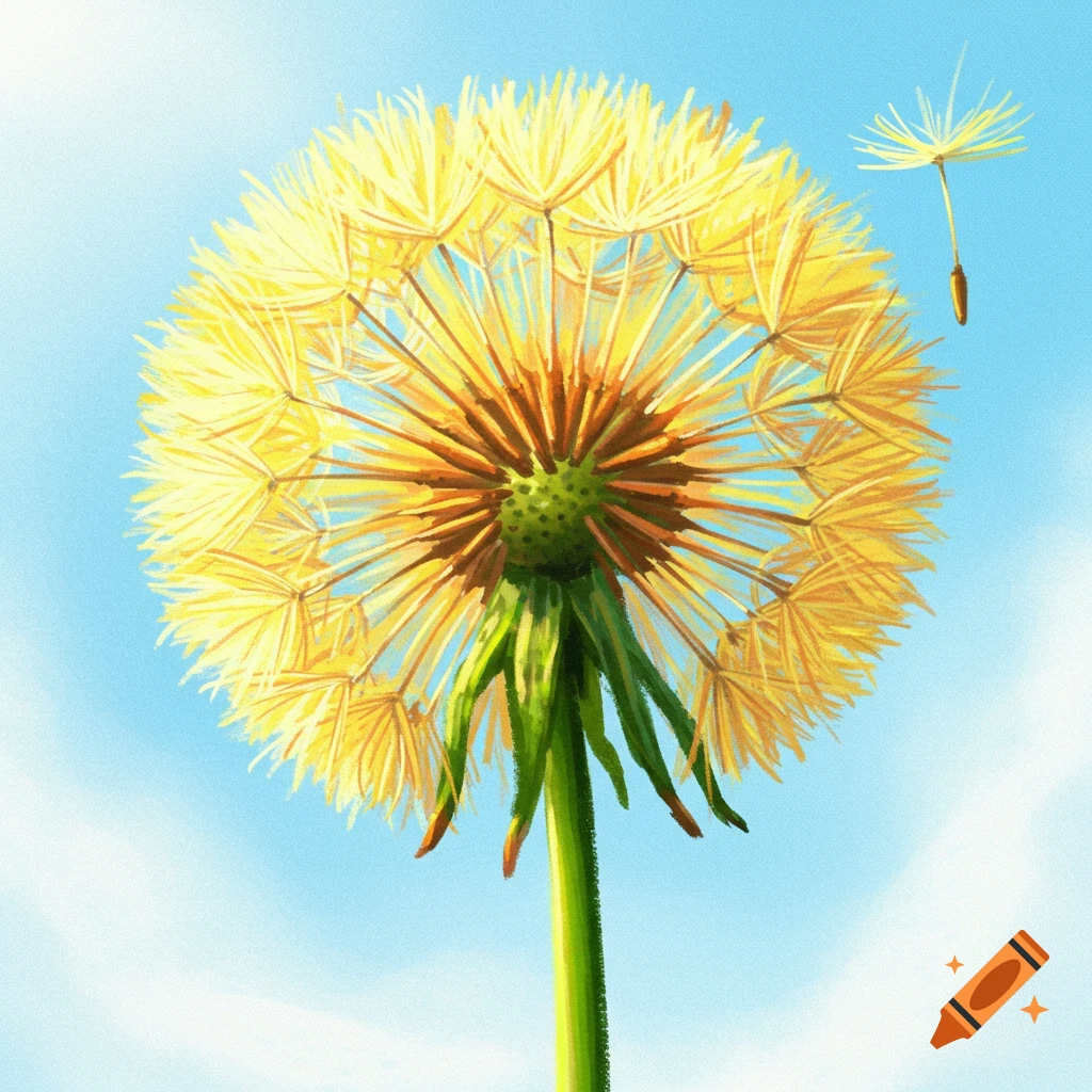 A dandelion against a blue sky with one seed floating away.