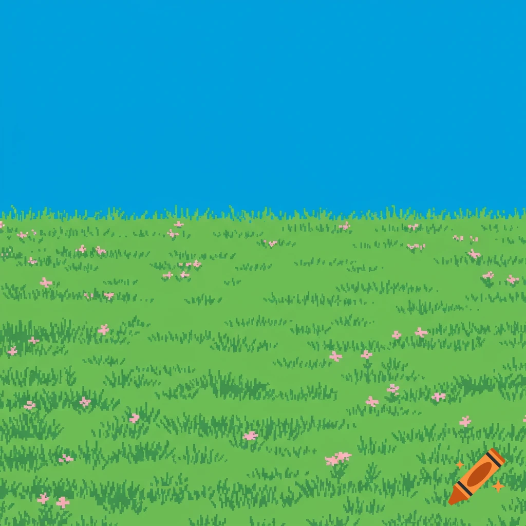 Pixel art landscape of green grass with pink flowers under a blue sky.