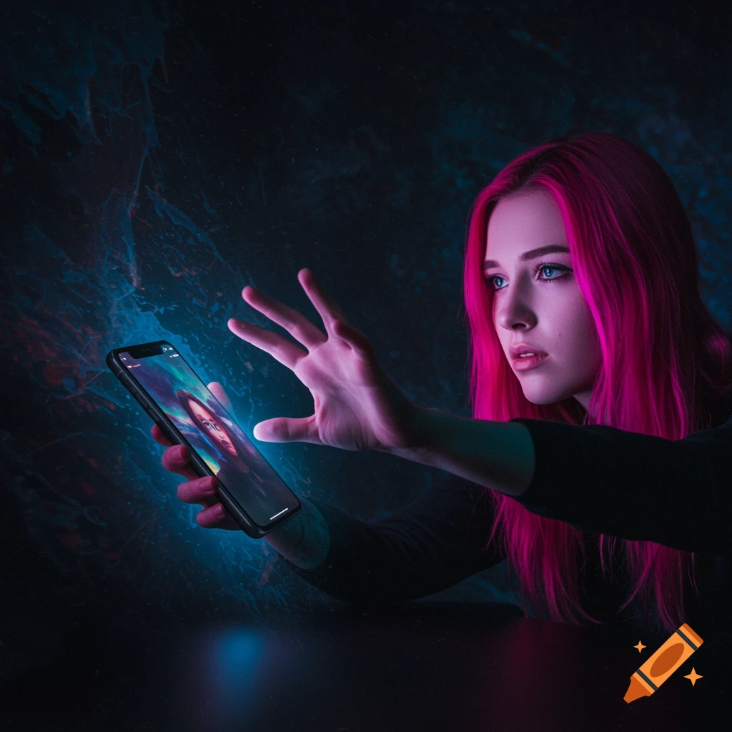 Young woman with vibrant pink hair reaching for a glowing phone screen in a dark, surreal setting.