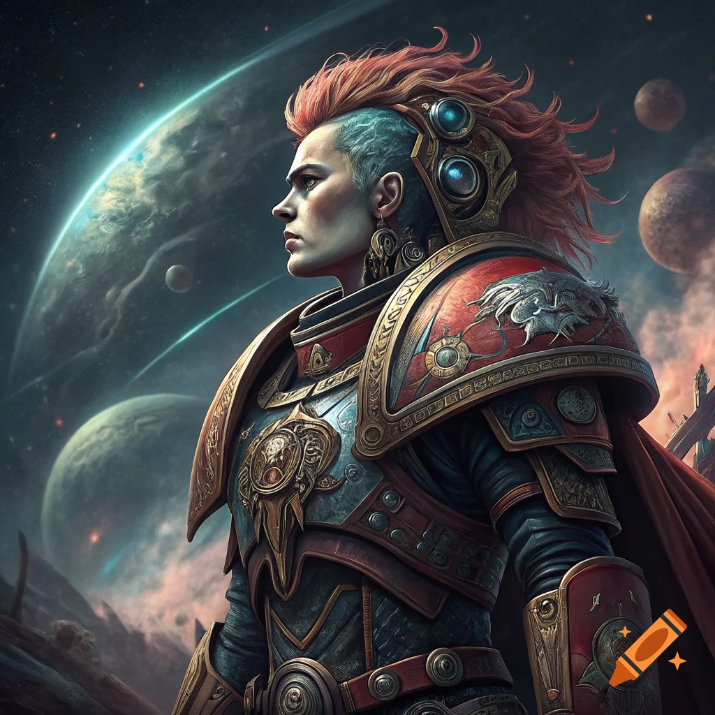 Person in detailed futuristic armor looks out over planets and stars