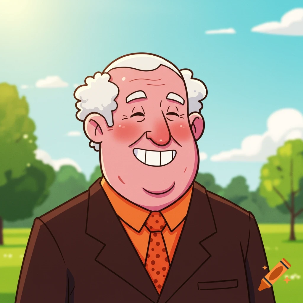 A friendly cartoon illustration of a smiling old man in a suit in a park.