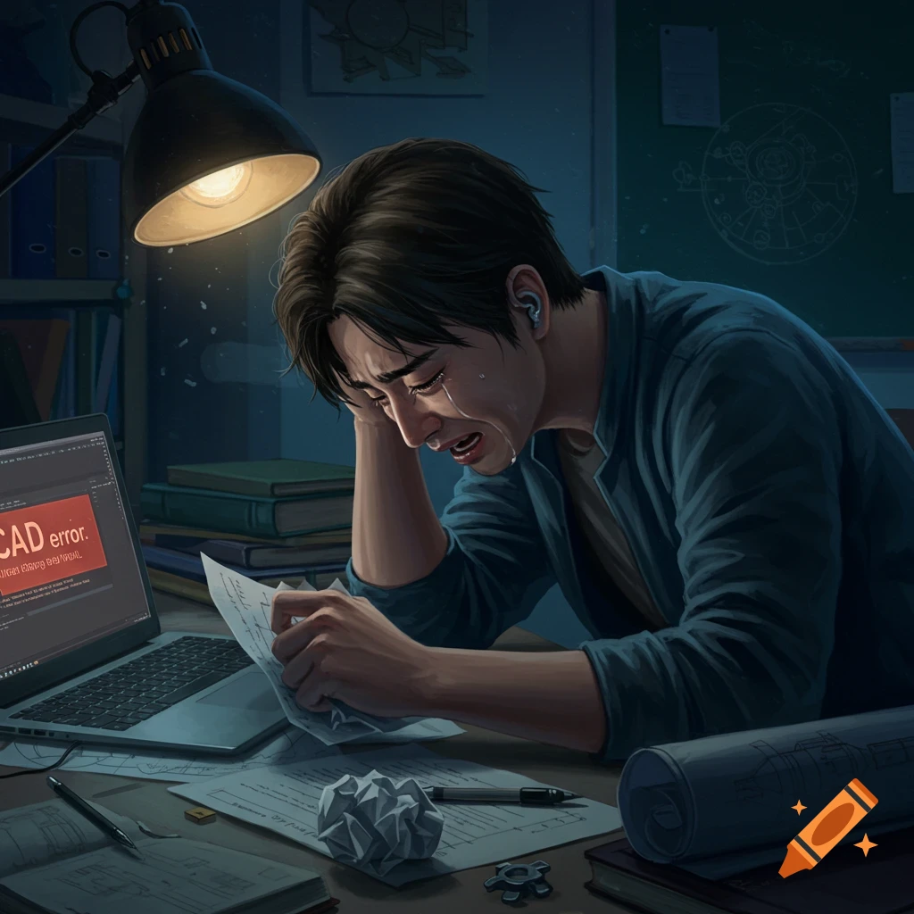 A student is crying at a desk with a CAD error on a laptop.