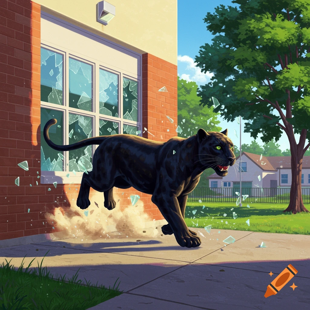 Black panther bursts through a shattered school window during the day.