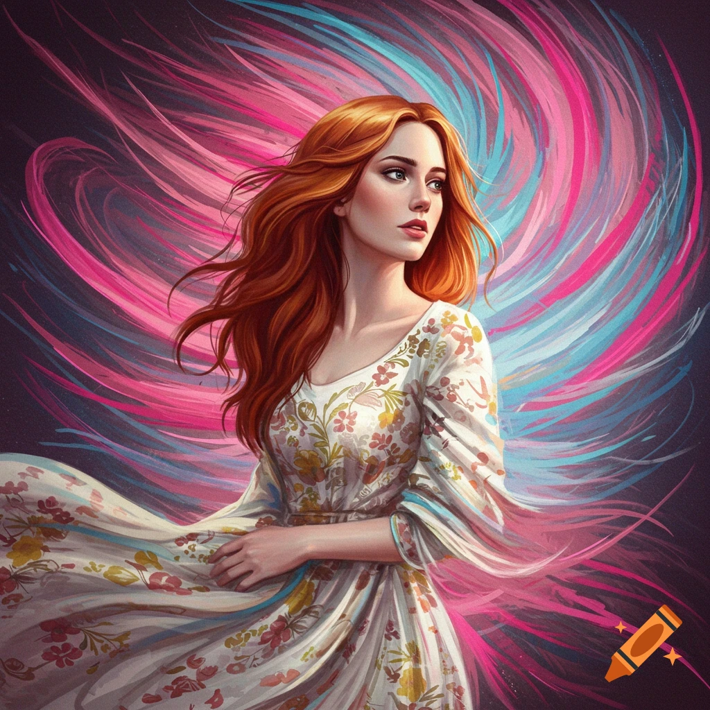 A woman with red hair in a floral dress against a swirling pink and blue abstract background.