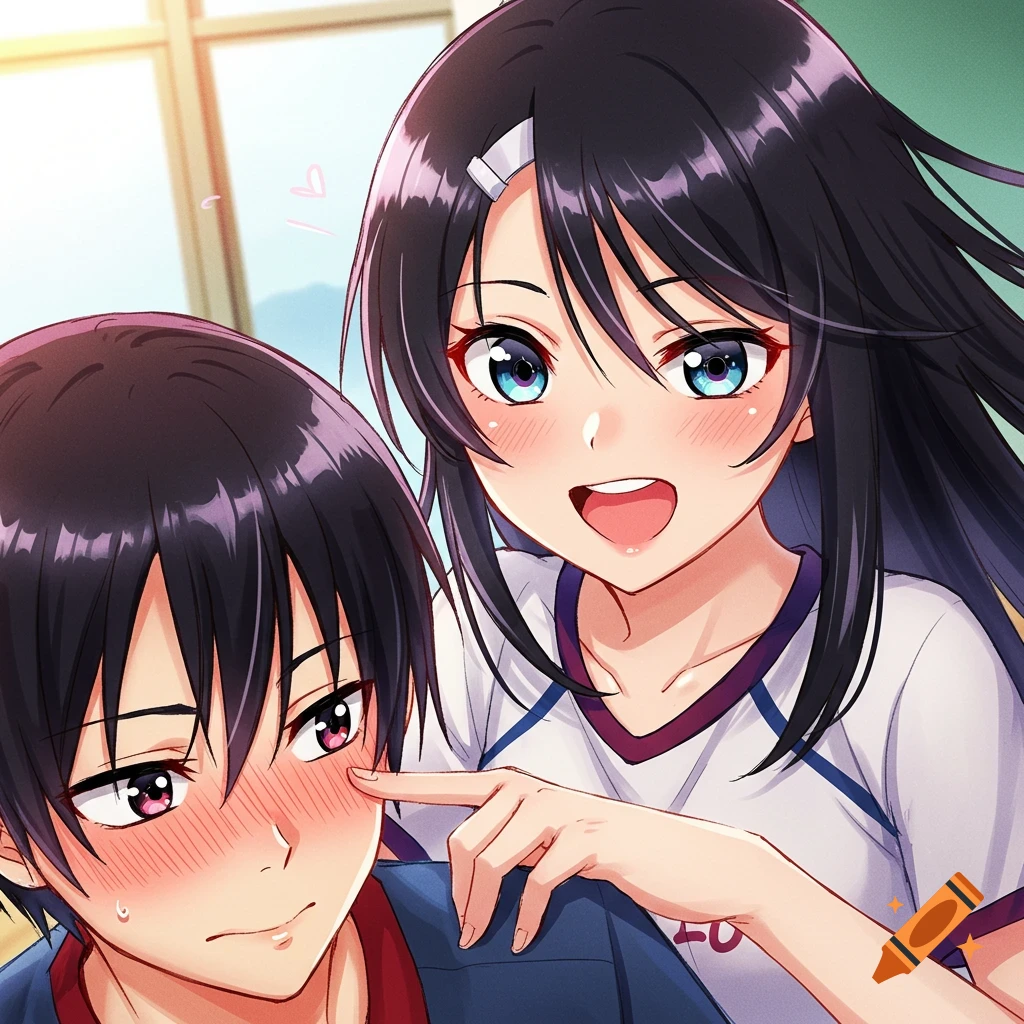 Anime style illustration of a girl poking a boy's cheek, who is blushing.