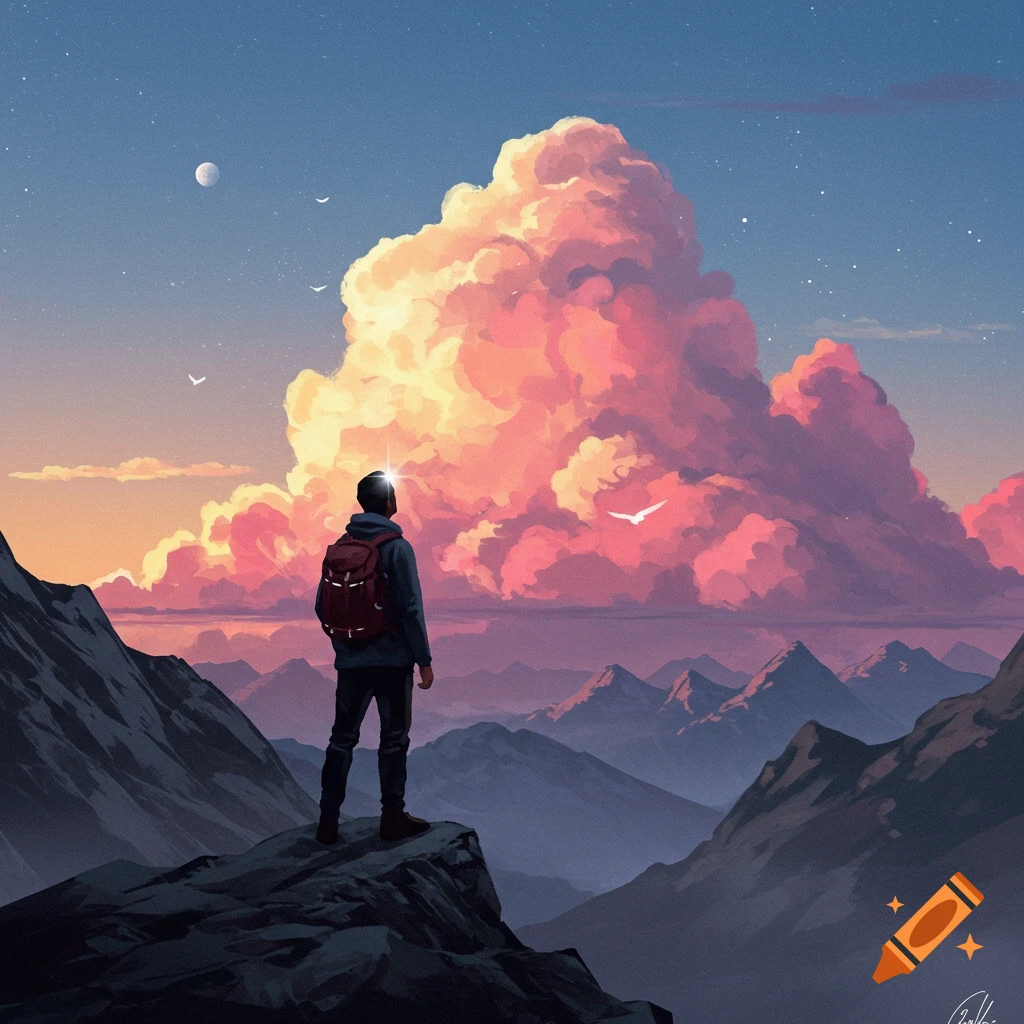 A person stands on a mountain peak, gazing at a colorful sunset sky filled with large clouds and birds.
