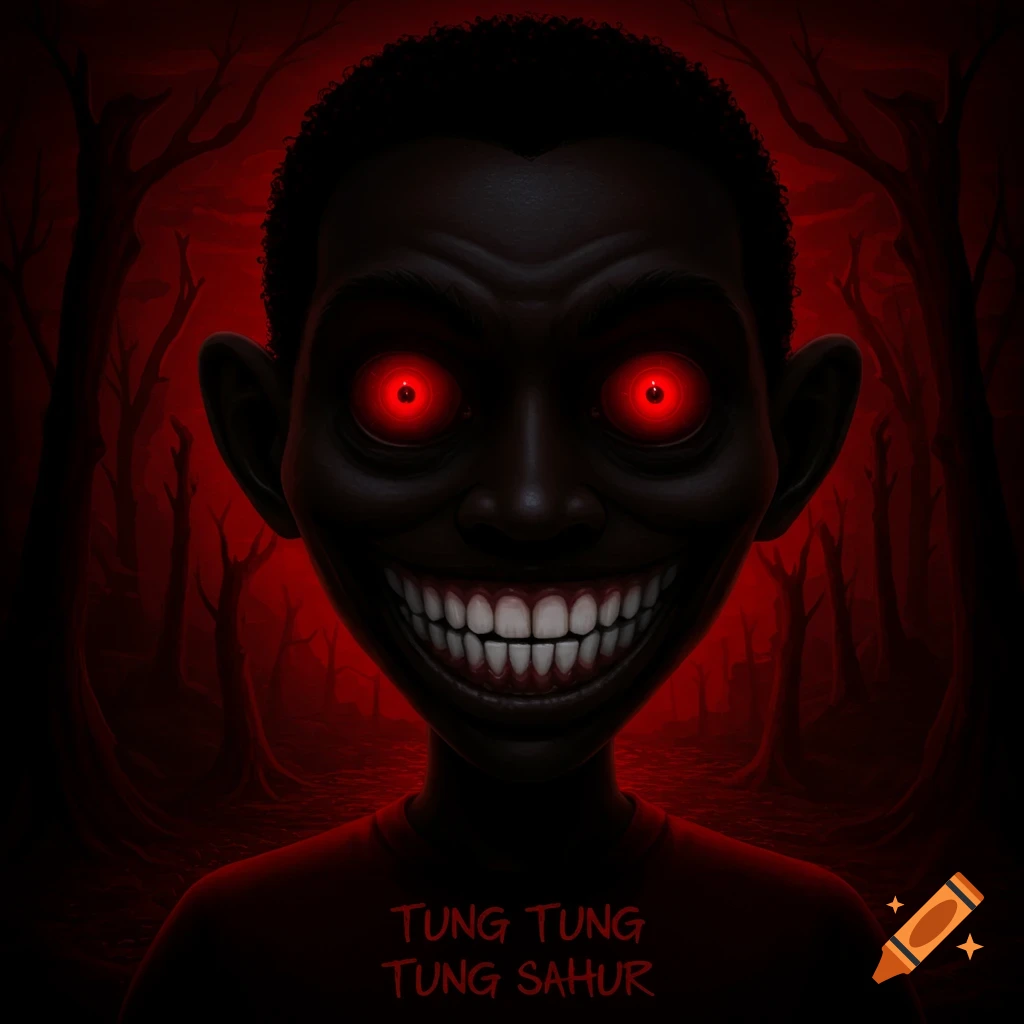 Creepy figure with glowing red eyes and wide smile in a dark forest, text 'TUNG TUNG TUNG SAHUR'