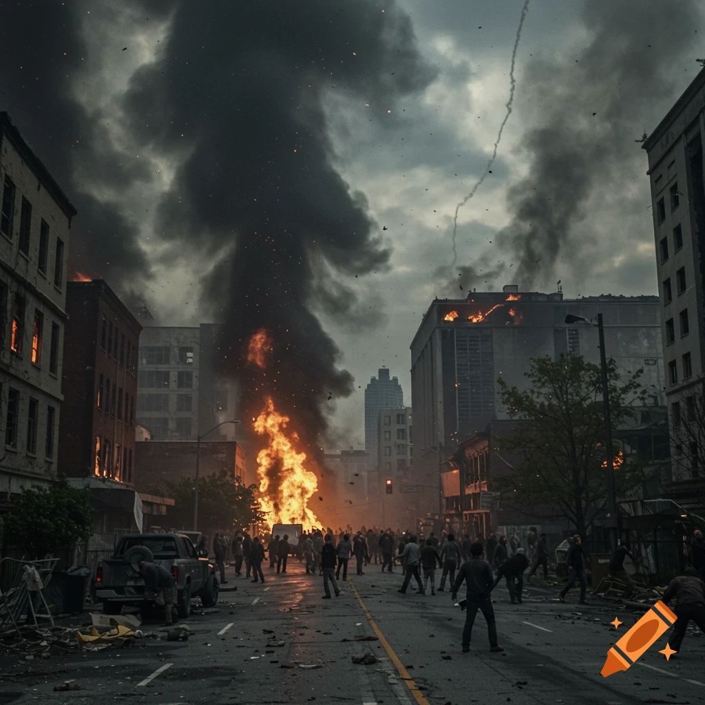 A street scene in a city with buildings on fire and large plumes of smoke rising. People are scattered on the street amid debris.