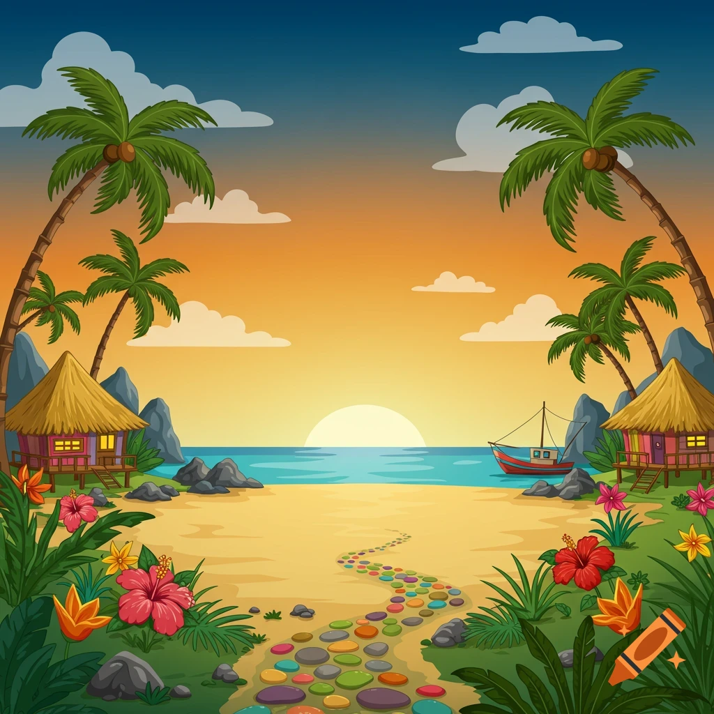 Cartoon tropical beach at sunset with huts, palm trees, boat, flowers, and colorful stone path.