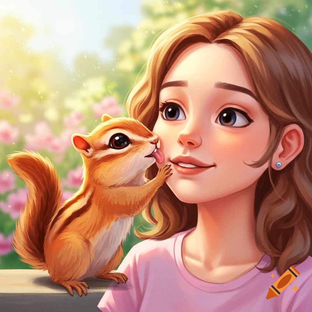 Digital illustration of a girl and a chipmunk in a garden.