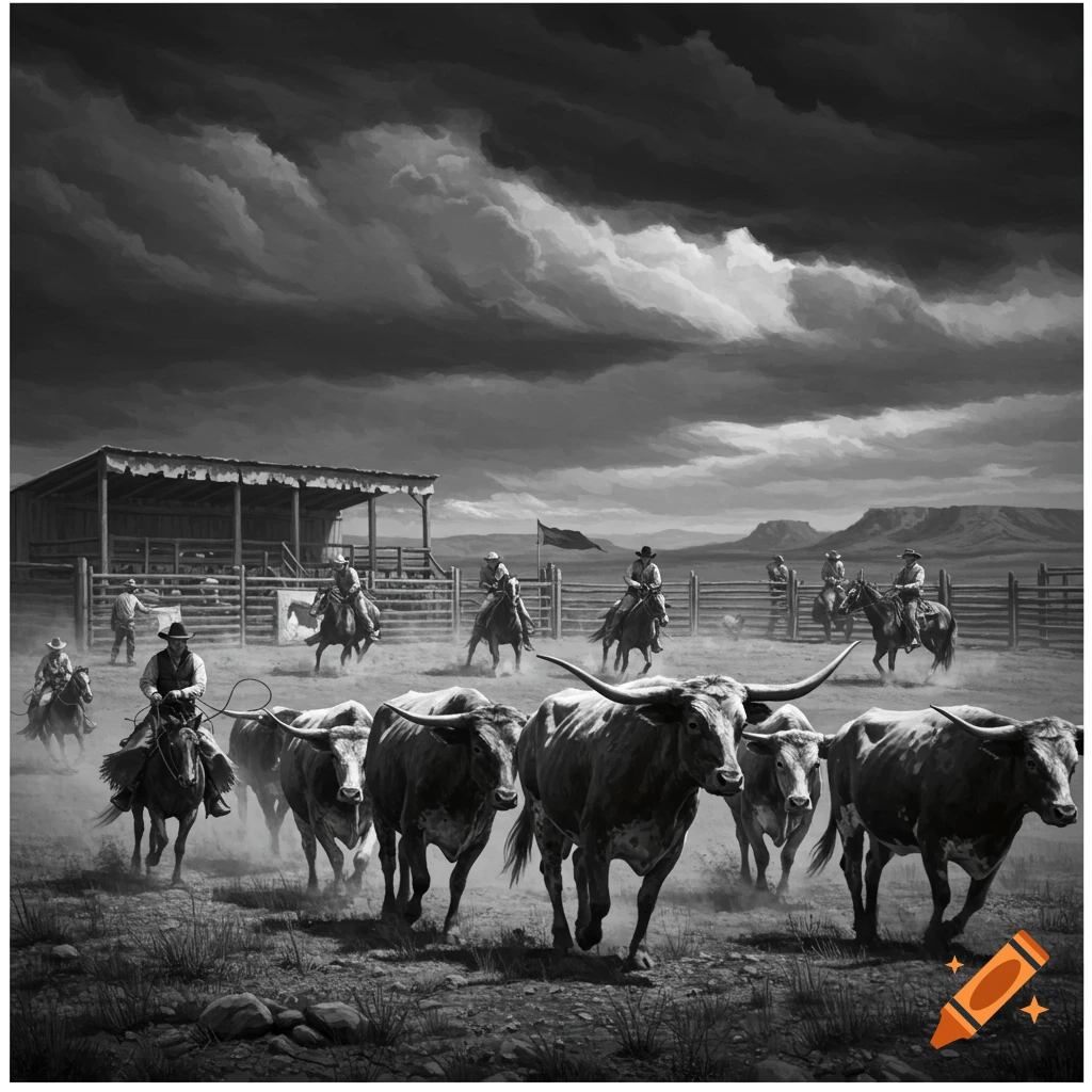 Black and white image of cowboys on horses driving longhorn cattle across a dusty field under dramatic stormy clouds.