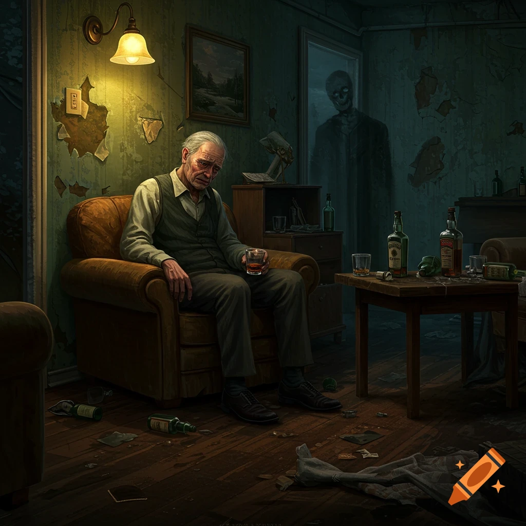 An old man in a run-down room, grief-stricken, with a shadowy figure looming in the doorway.
