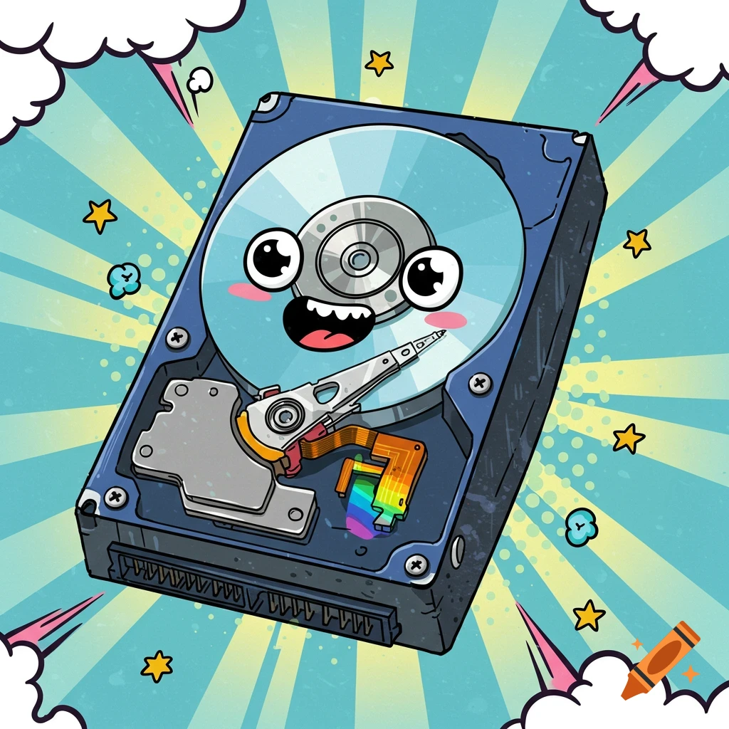 Cartoony hard drive with a face and rainbow cable on a comic-style background.