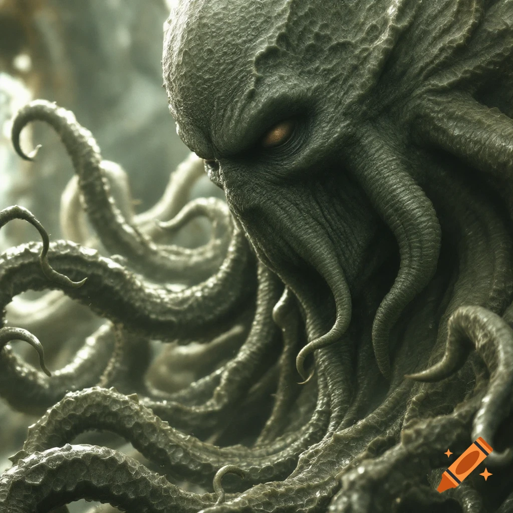 Close-up portrait of a dark green, tentacled Cthulhu-like creature with glowing eyes.