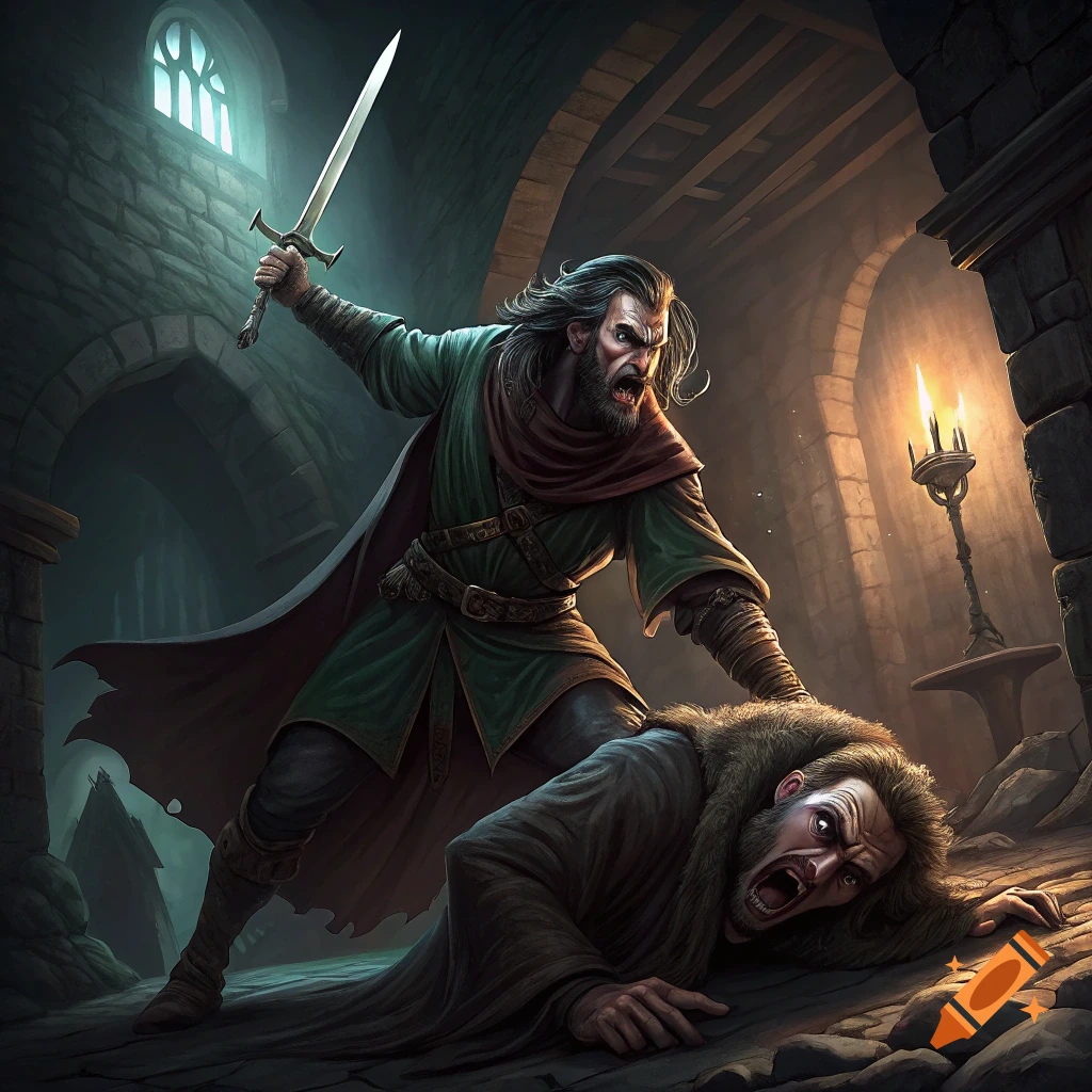 A man in a green robe and red cape raises a sword over a man lying on the ground in a dimly lit stone room. Illustration style.