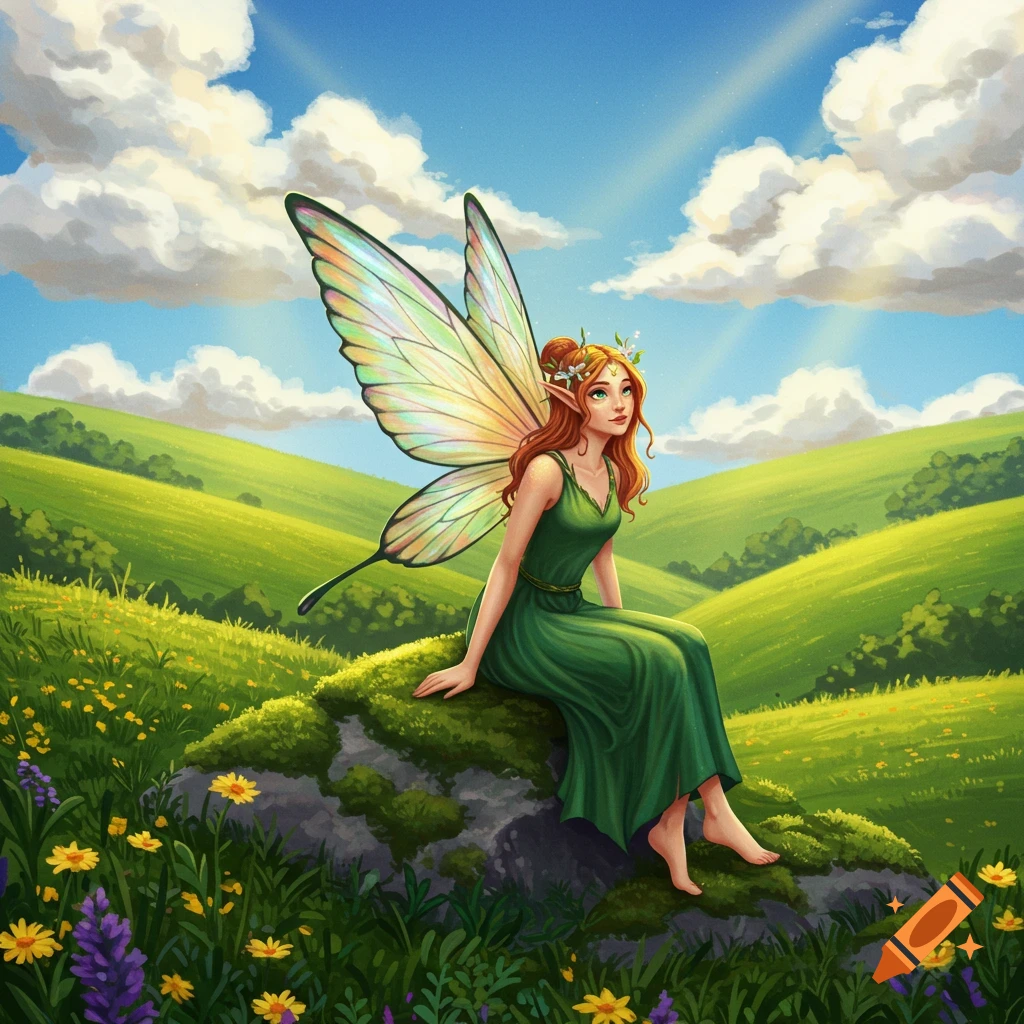 A fairy sitting on a mossy rock in a sunny green field.
