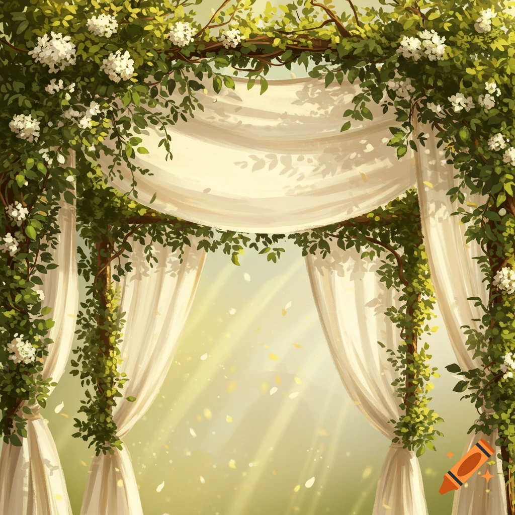 A wedding canopy covered in vines and white flowers, with white curtains, illuminated by sunlight.