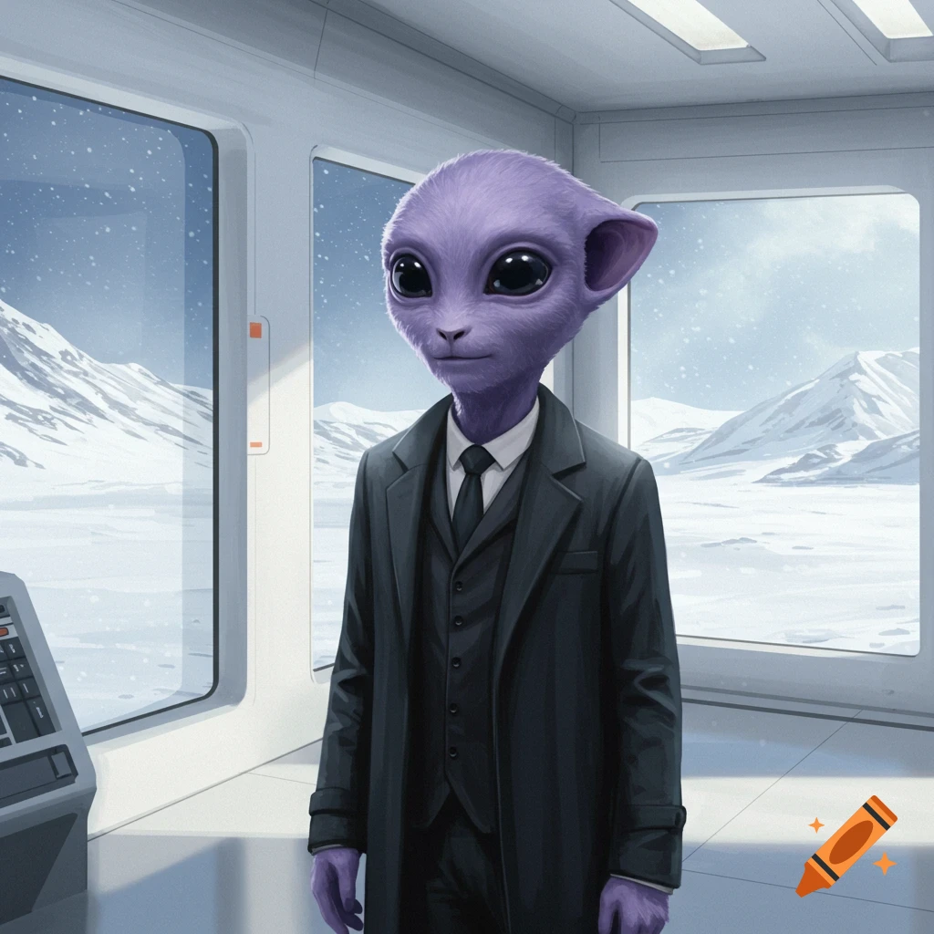 A purple alien in a suit standing in a futuristic building with a snowy planet view