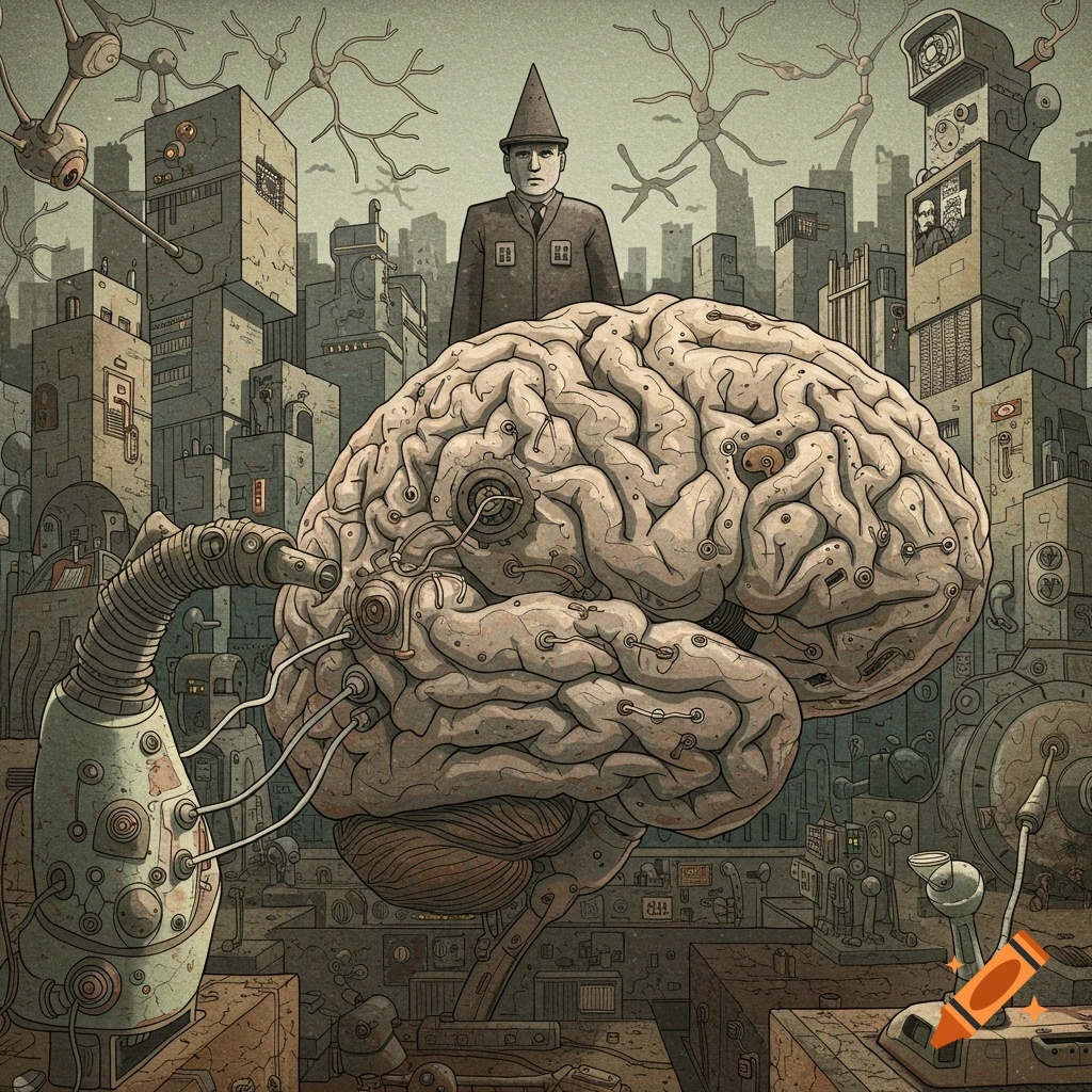 A large mechanical brain is situated within a dystopian cityscape. A man in a suit stands over the brain.