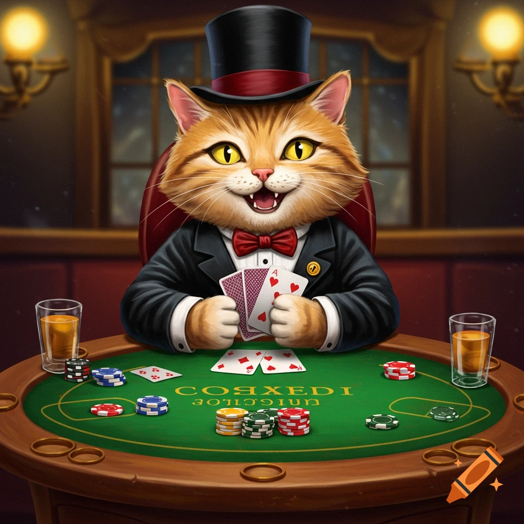 A cat in a tuxedo and top hat plays poker at a table with chips and drinks.