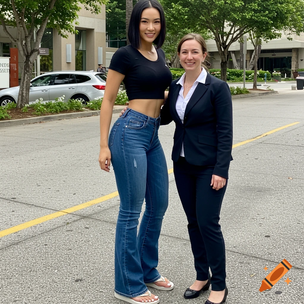 Two women stand on a street, one in a black crop top and flared jeans, the other in a business suit.