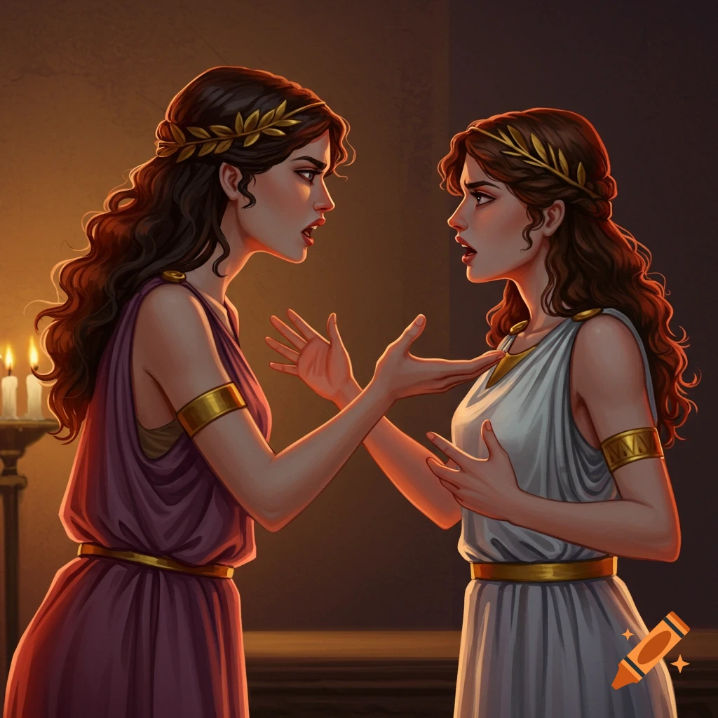 Two women in ancient Greek dresses arguing.