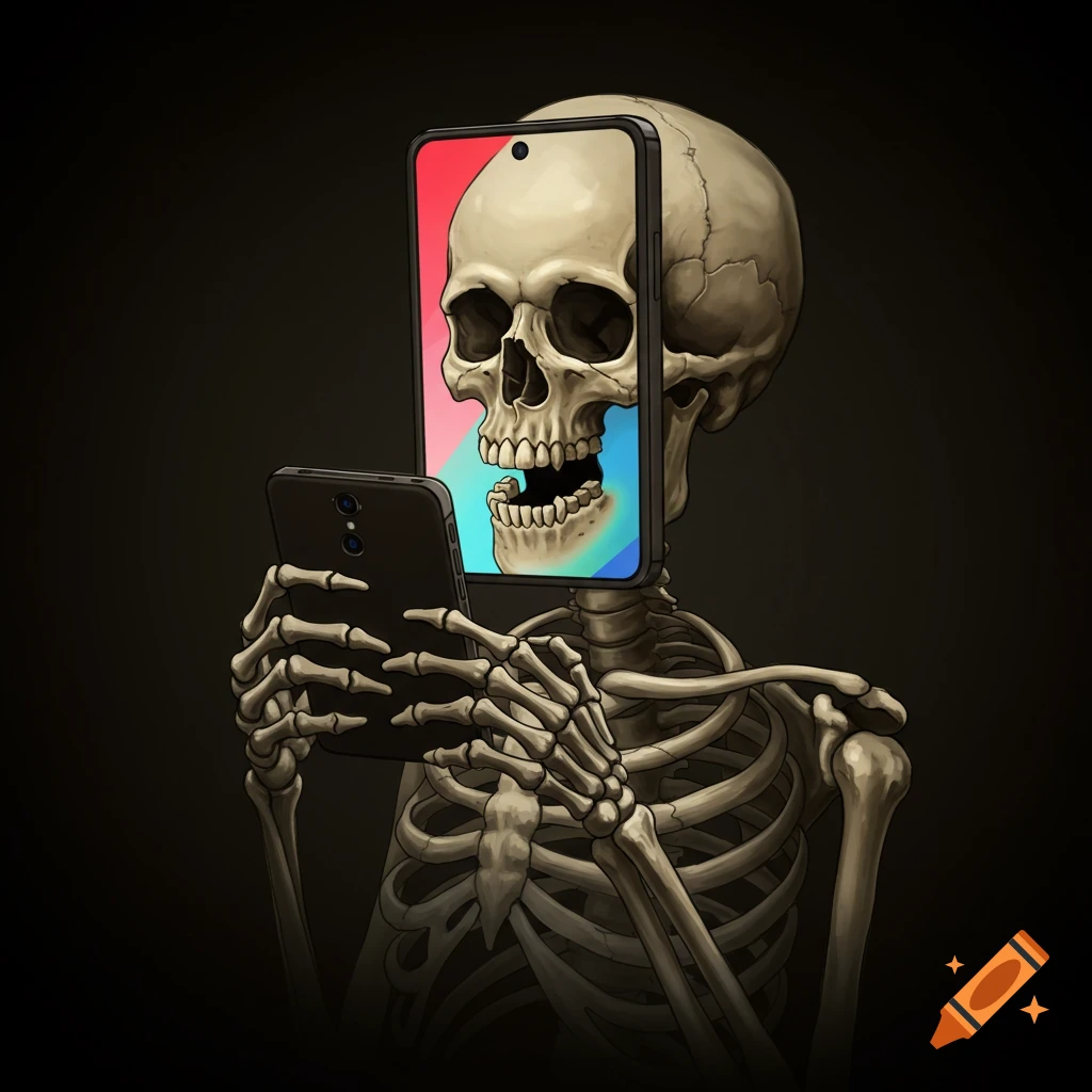 Illustration of a skeleton holding a smartphone, with a phone screen displaying a colorful image replacing its head.