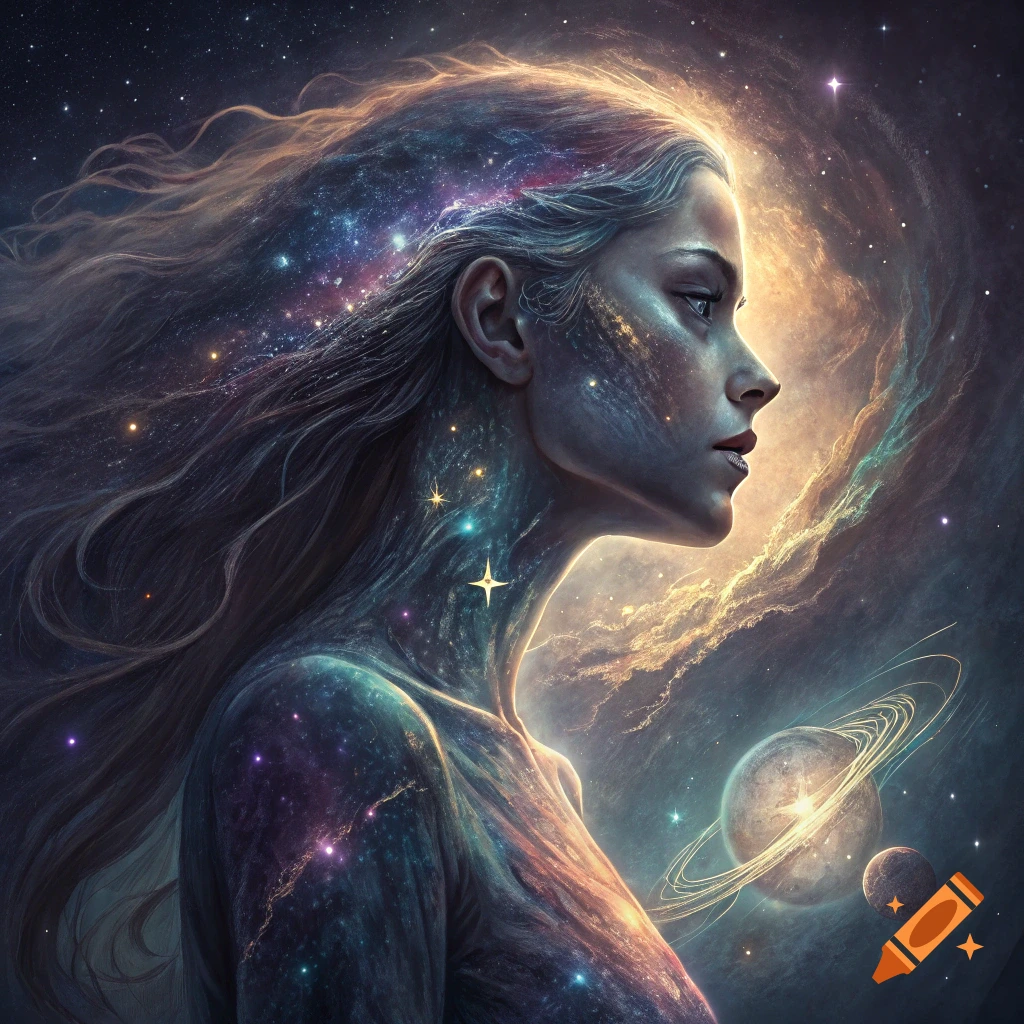Profile of a woman whose body and hair are like a galaxy with stars and planets
