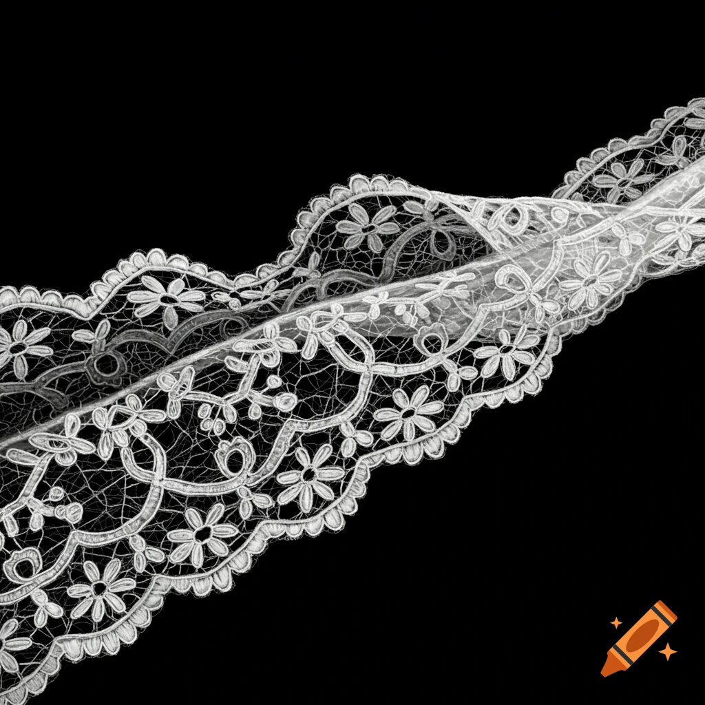 Close-up of white lace with floral pattern on a black background.