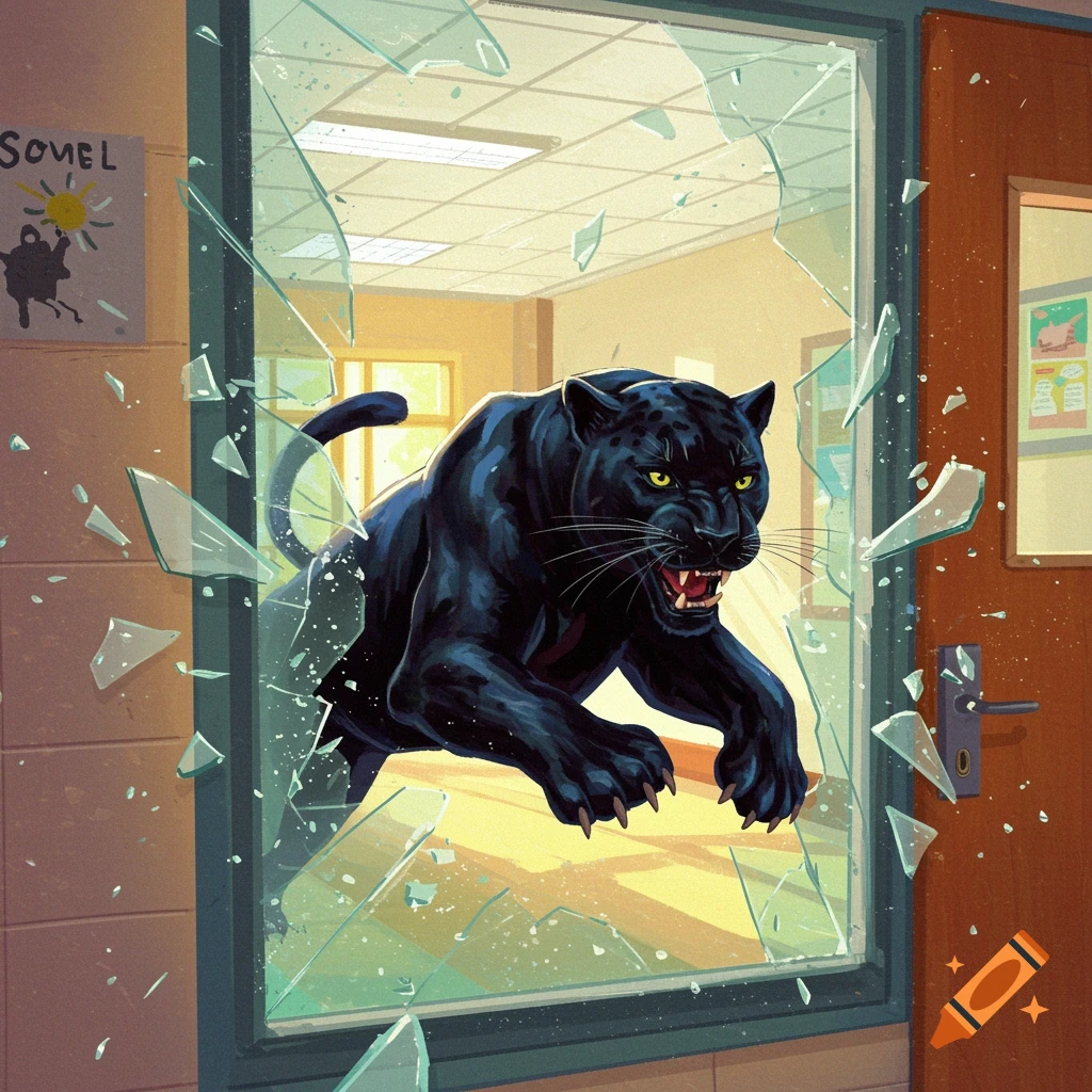 A sleek black panther bursts through a shattered window of a school building.