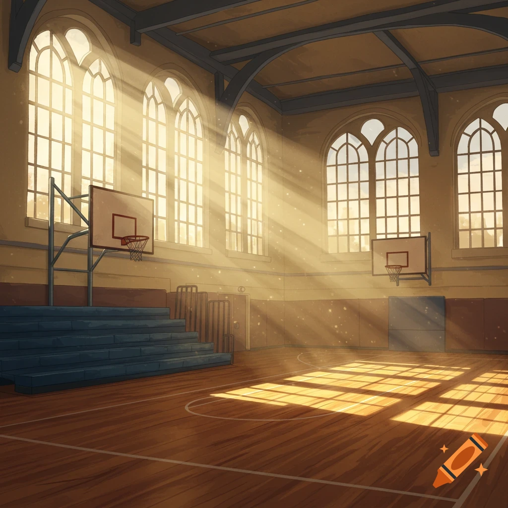 School gym with sunlight streaming through high windows onto a basketball court, anime style.