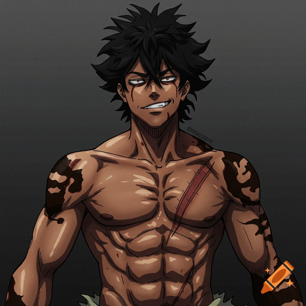 Anime portrait of a muscular man with tattoos, scars, and spiky black hair, smirking.
