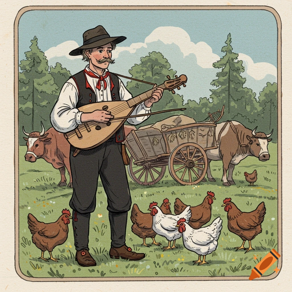 Folk art illustration of a Swedish farmer playing a moraharp in a field with chickens, cows, an ox cart, and a forest.