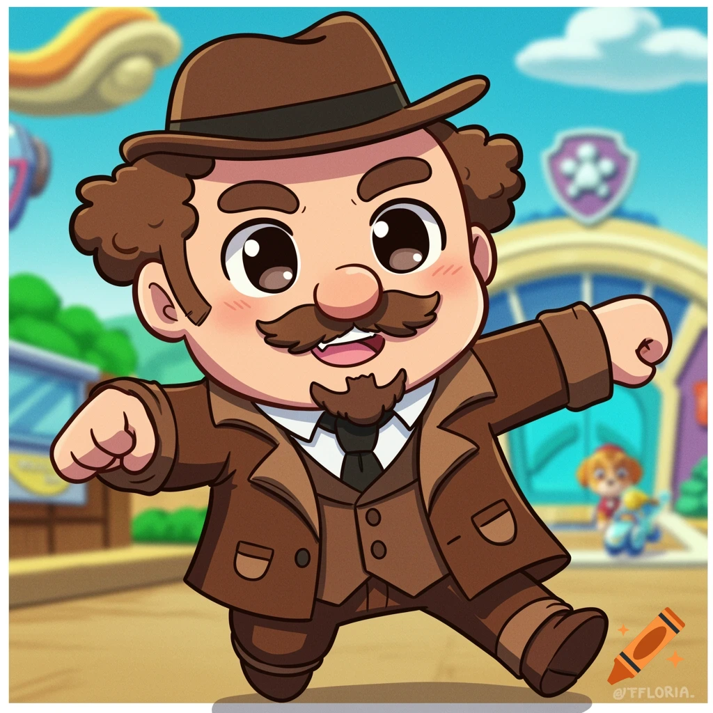Cute cartoon Mr. Porter from Paw Patrol in a brown suit and hat running in Adventure Bay