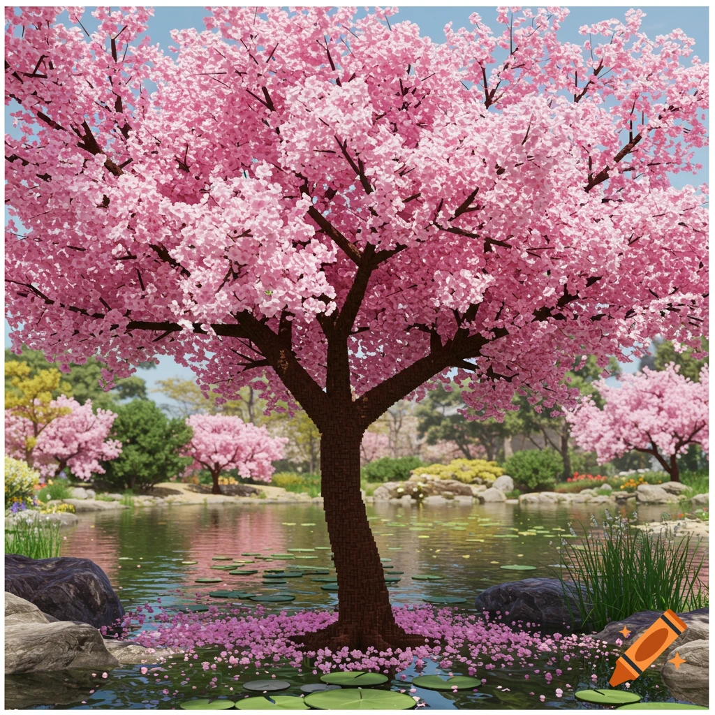 Stylized blocky cherry blossom tree next to a pond with lily pads and pink petals.