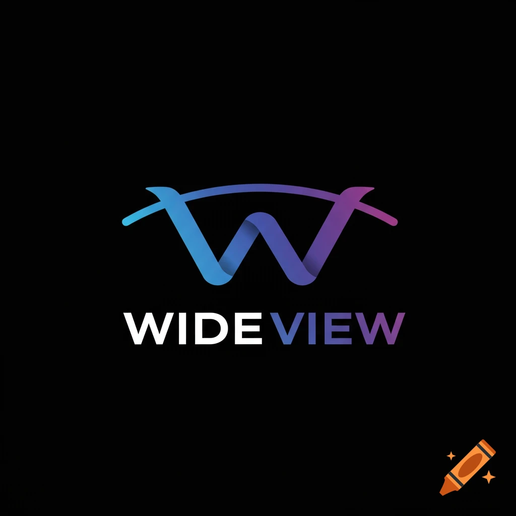 A modern logo with a blue and purple stylized W or wave shape above the words 'WIDE VIEW' in white on a black background.