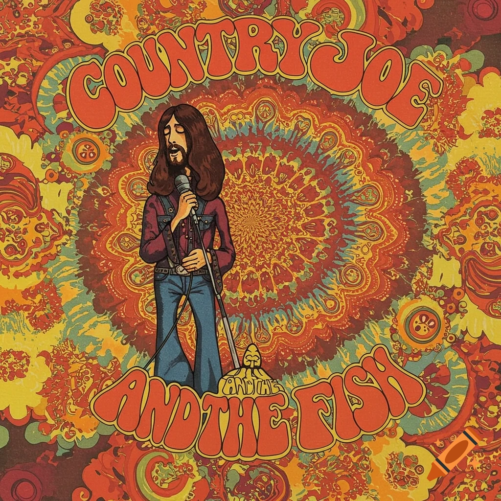 Album cover art with a man singing on a psychedelic background with band name text
