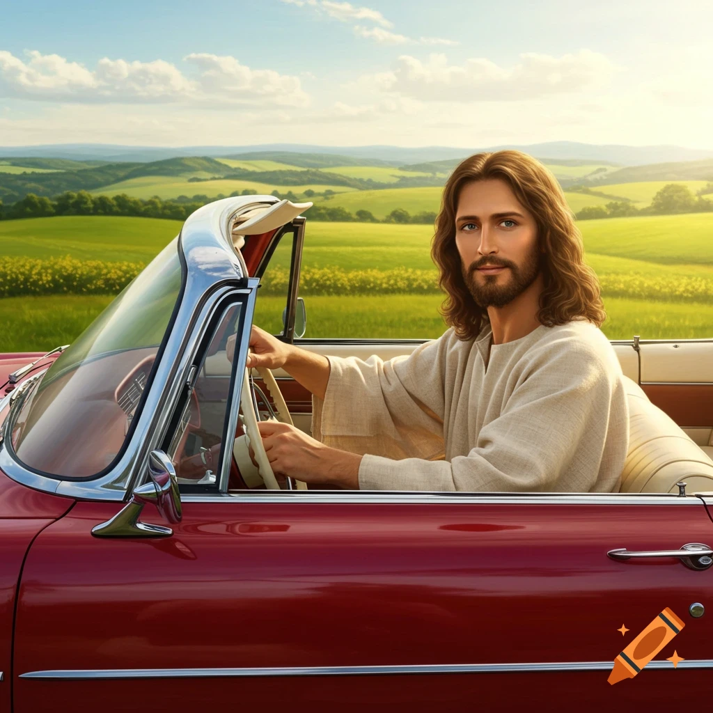 Jesus driving a red convertible car through a green landscape.