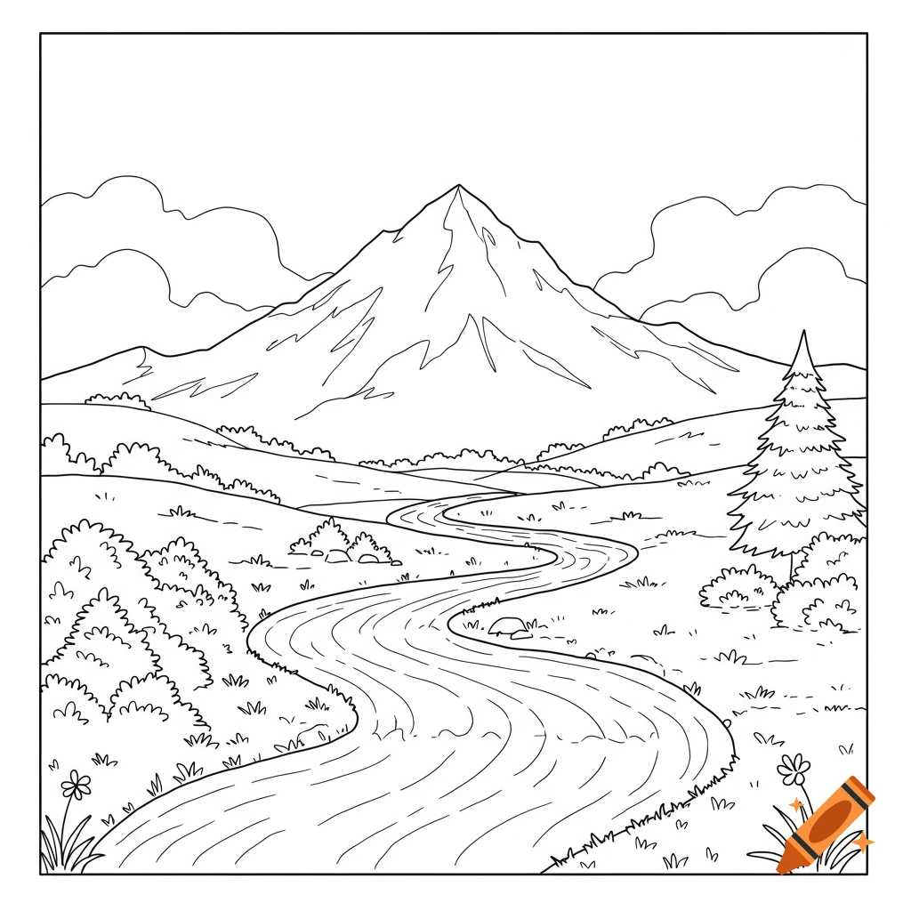 Black and white line drawing of a mountain landscape with a winding river, trees, and bushes, suitable for coloring.