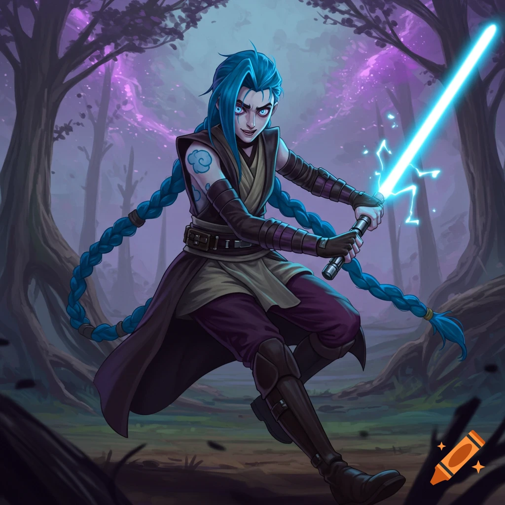 Jinx as a Jedi holding a lightsaber in a dark forest.