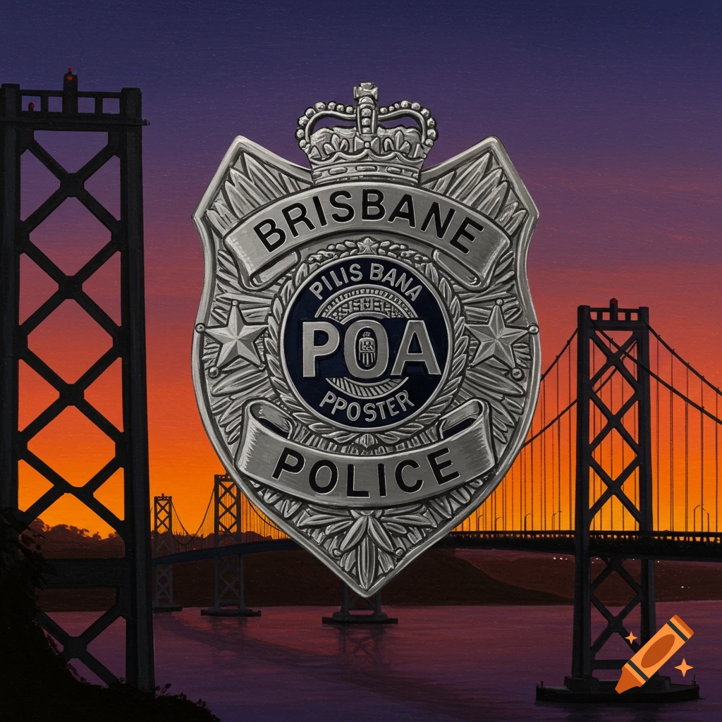 A police badge is shown over the San Francisco Bay Bridge at sunset.