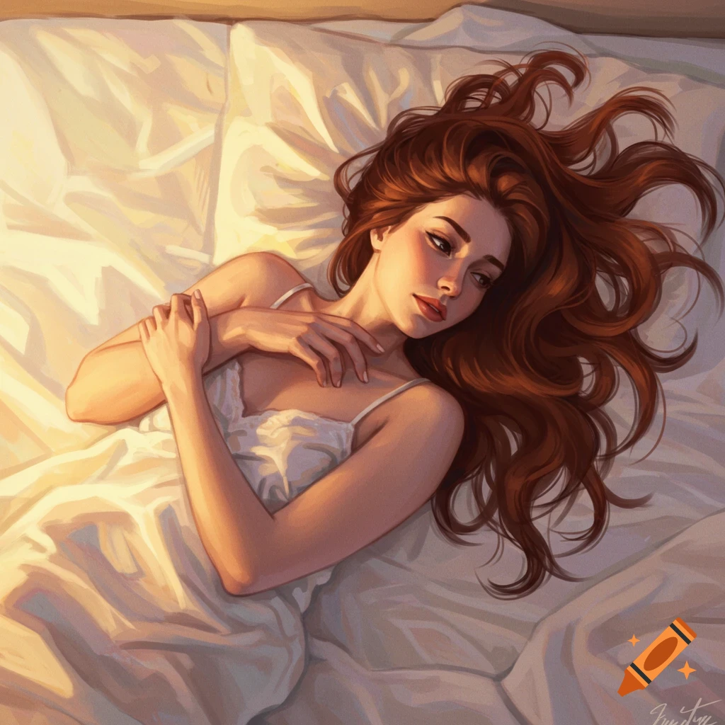 A woman with long red hair lying on a bed.