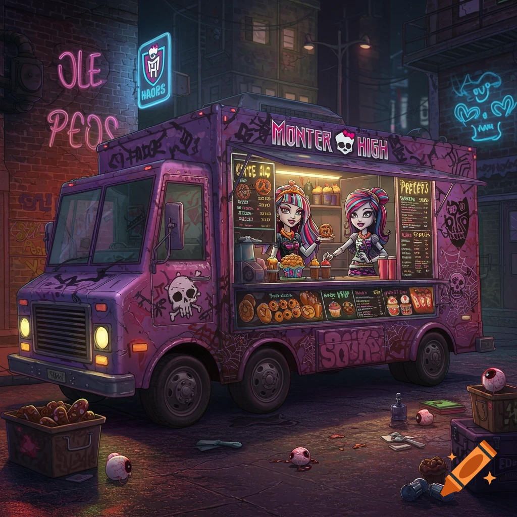 A purple Monster High food truck at night, serving spooky treats from Draculaura and Frankie Stein, digital art.
