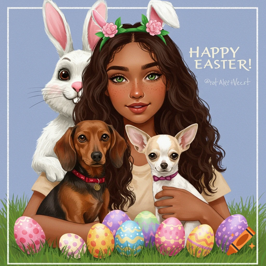 A girl with Easter bunny ears, holding a dachshund and chihuahua, with Easter eggs in the grass.