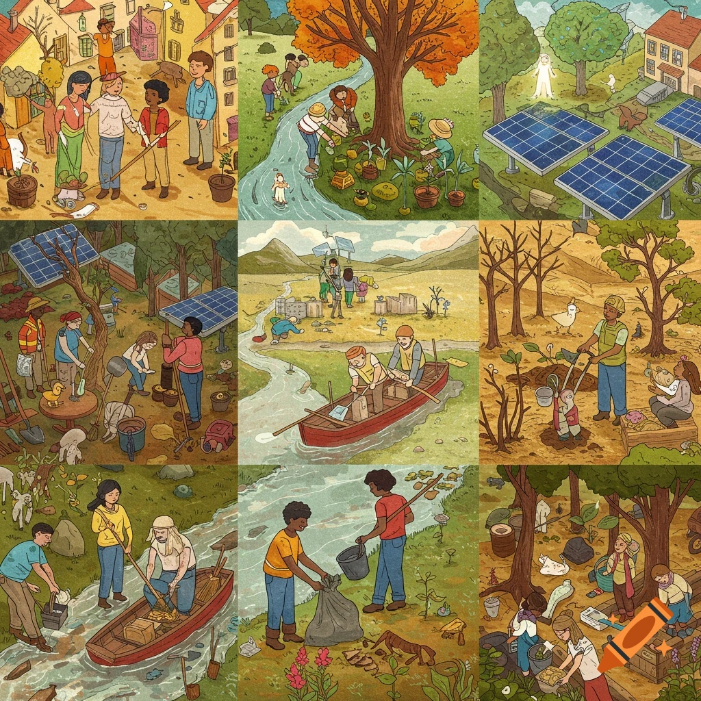 Multi-panel image showing a diverse community engaged in environmental projects such as planting, cleaning a river, and installing solar.